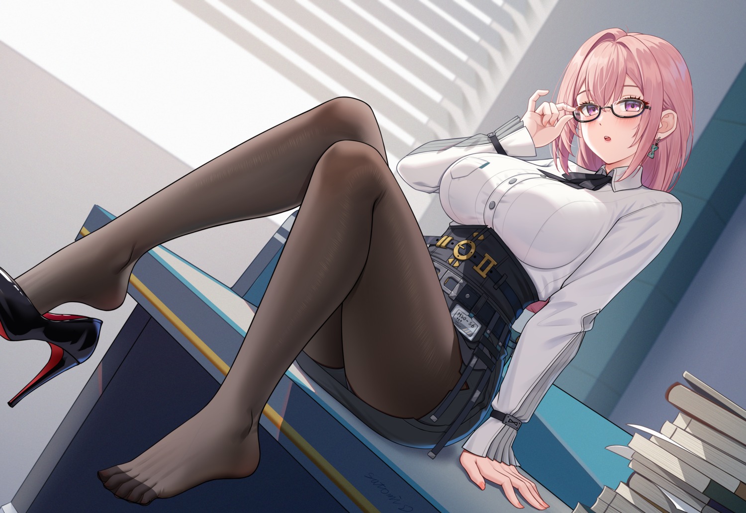 dress_shirt, heels, megane, pantyhose, satomi_(745684552), skirt_lift, tsukishiro_yanagi, zenless_zone_zero