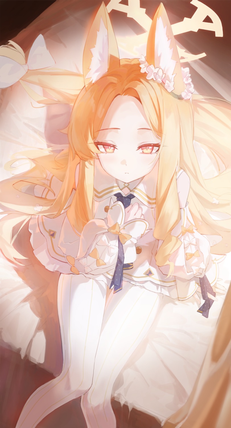5higure, animal_ears, blue_archive, dress, halo, kitsune, pantyhose, tail, yurizono_seia