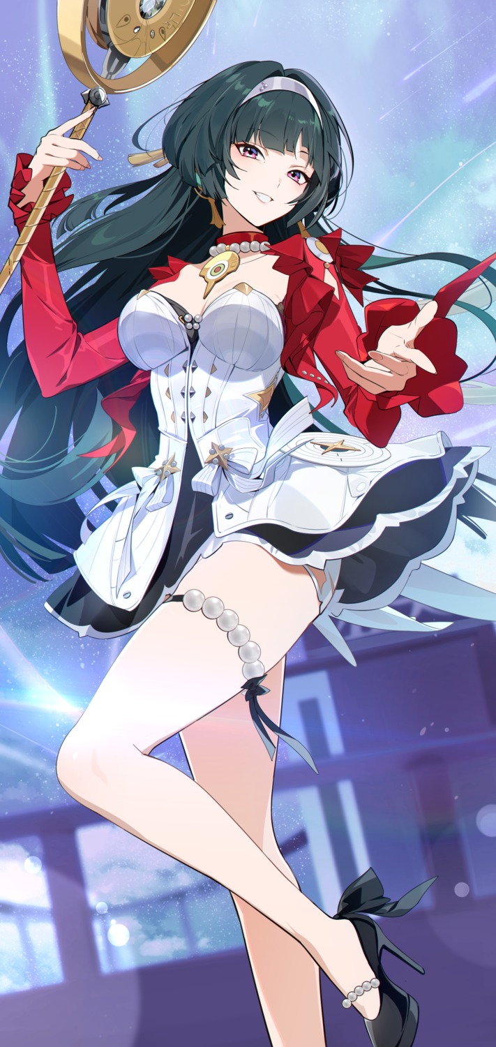astra_yao, dress, eucha, garter, heels, no_bra, skirt_lift, weapon, zenless_zone_zero