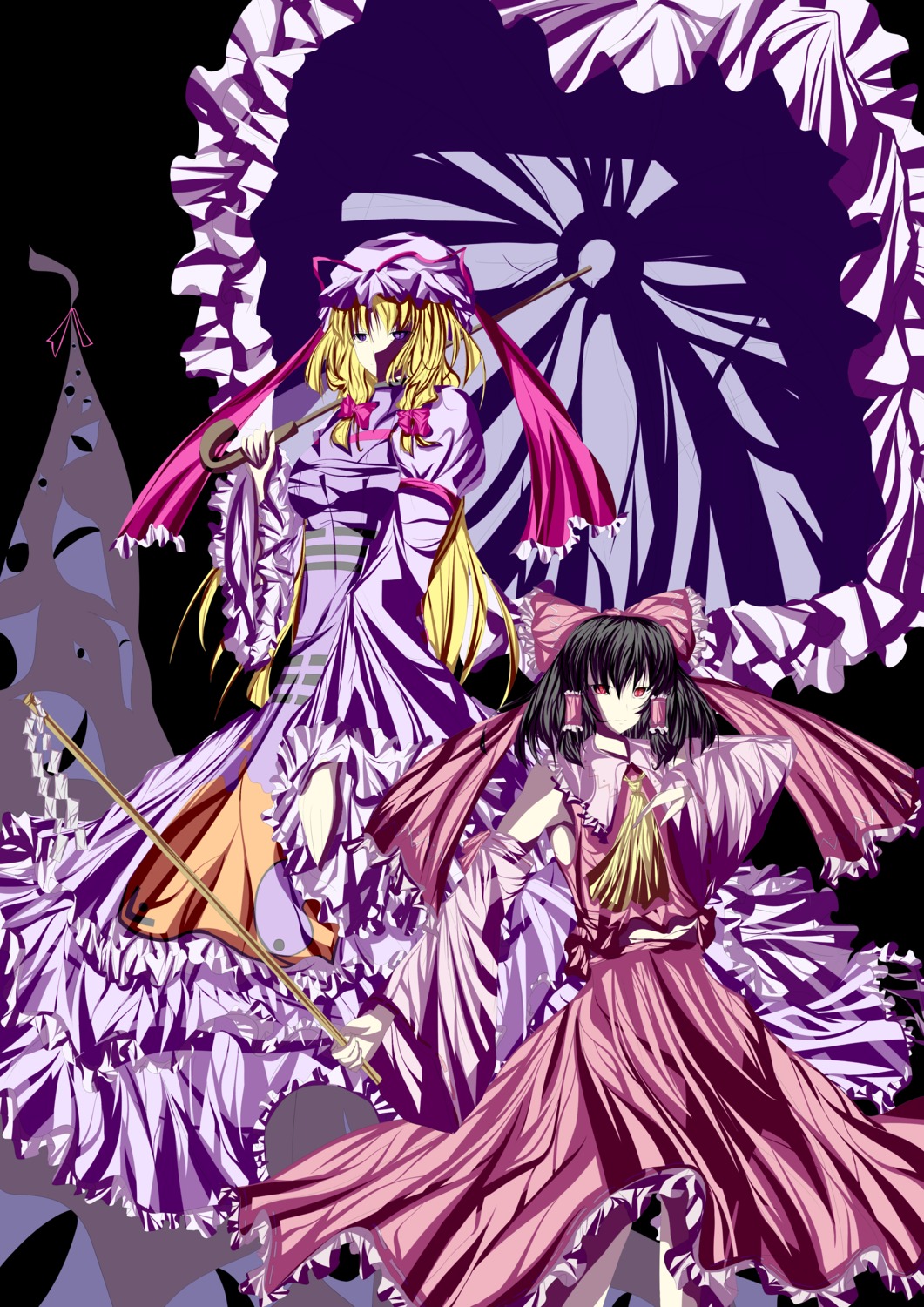 dress, hakurei_reimu, japanese_clothes, prism, touhou, yakumo_yukari