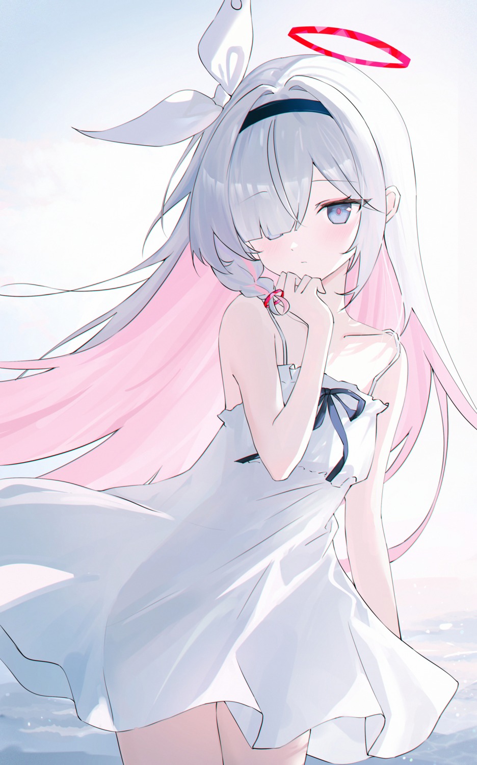 arona_(blue_archive), blue_archive, dress, halo, plana_(blue_archive), see_through, skirt_lift, summer_dress, usagi_(786113654)