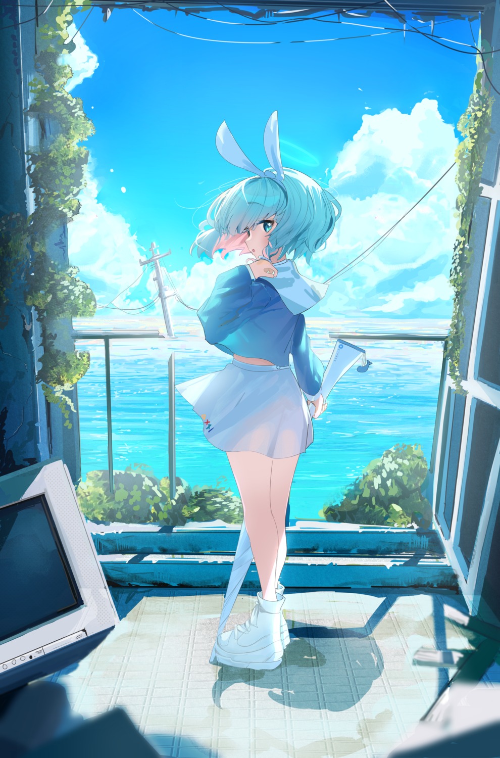 arona_(blue_archive), blue_archive, gun, halo, inu_lin, see_through, seifuku, skirt_lift, umbrella