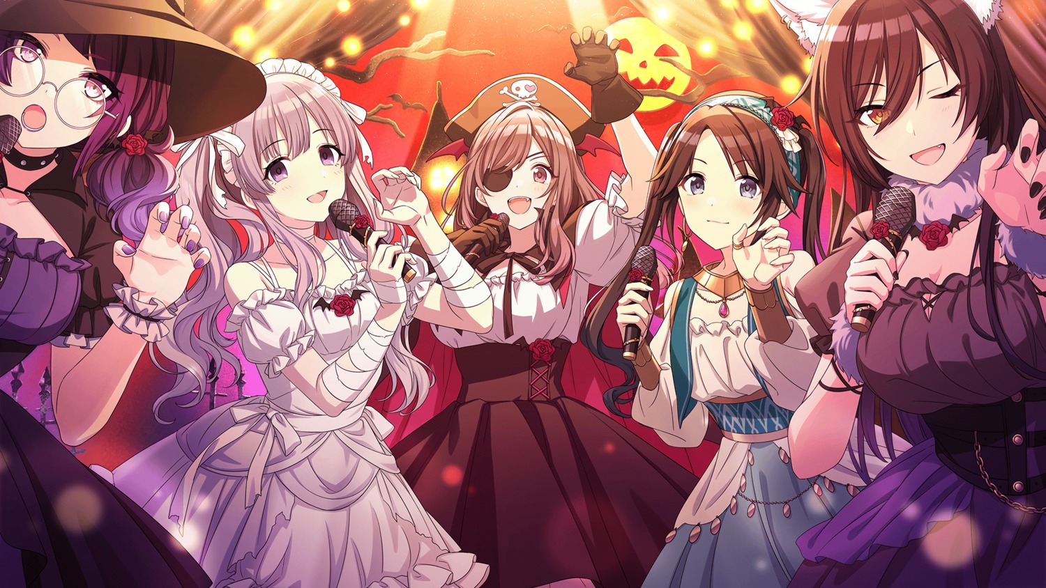 animal_ears, bandages, cleavage, dress, eyepatch, halloween, im@ssc_kaihatsu_team, megane, mitsumine_yuika, pirate, shirase_sakuya, tanaka_mamimi, the_idolm@ster, the_idolm@ster_shiny_colors, torn_clothes, tsukioka_kogane, wallpaper, yuukoku_kiriko