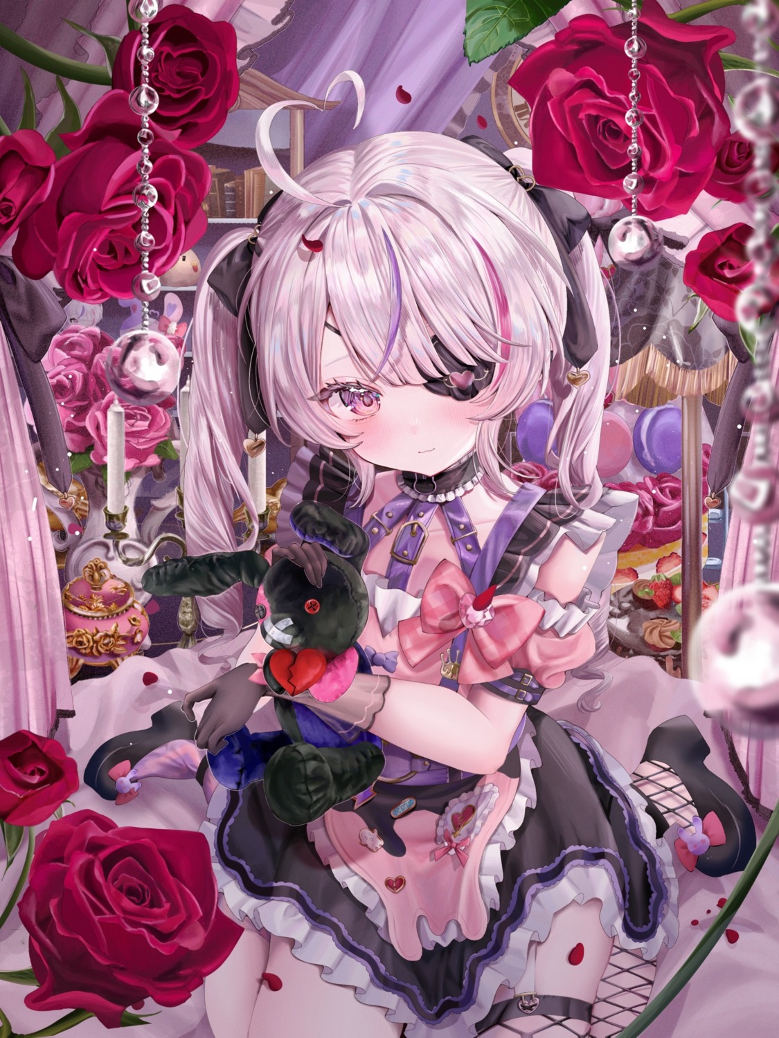 eyepatch, fishnets, gothic_lolita, lolita_fashion, maria_marionette, nijisanji, nijisanji_en, rfcnev, stockings, thighhighs