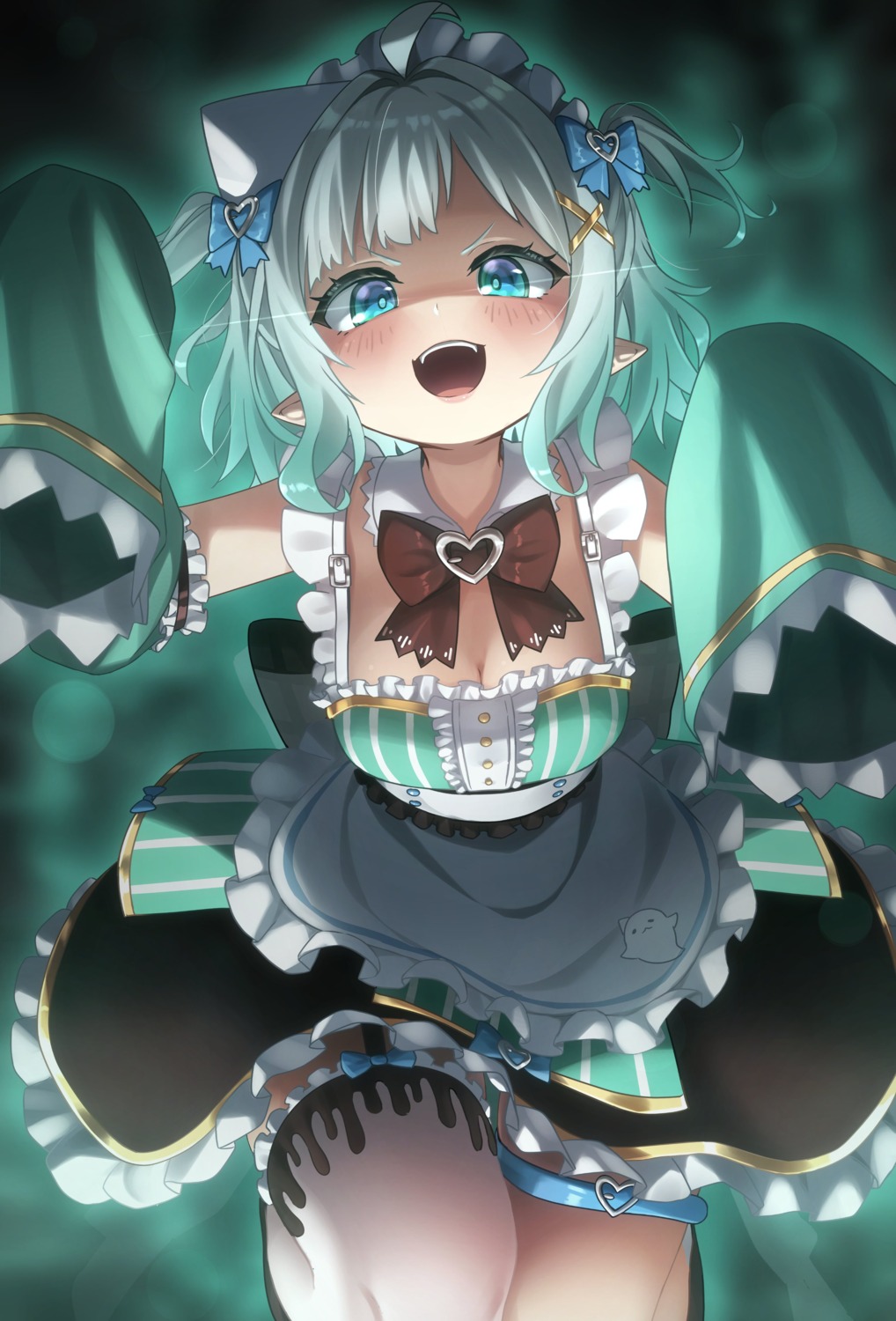 garter, ghostenjoyerguy7007, indie_virtual_youtuber, maid, mint_fantome, pointy_ears, stockings, thighhighs