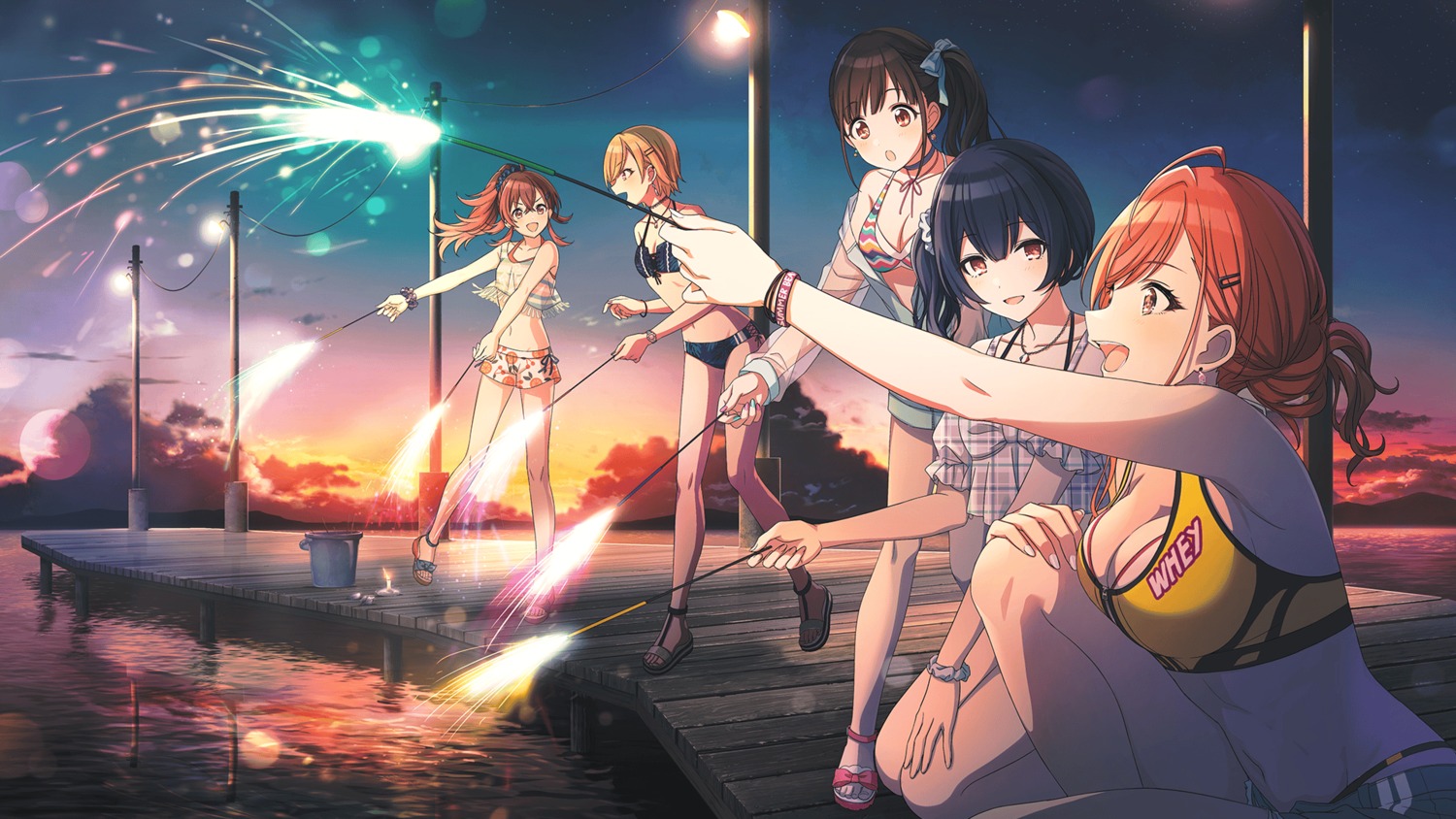 arisugawa_natsuha, bikini, bikini_top, im@ssc_kaihatsu_team, komiya_kaho, morino_rinze, open_shirt, saijou_juri, see_through, sonoda_chiyoko, swimsuits, the_idolm@ster, the_idolm@ster_shiny_colors, wallpaper