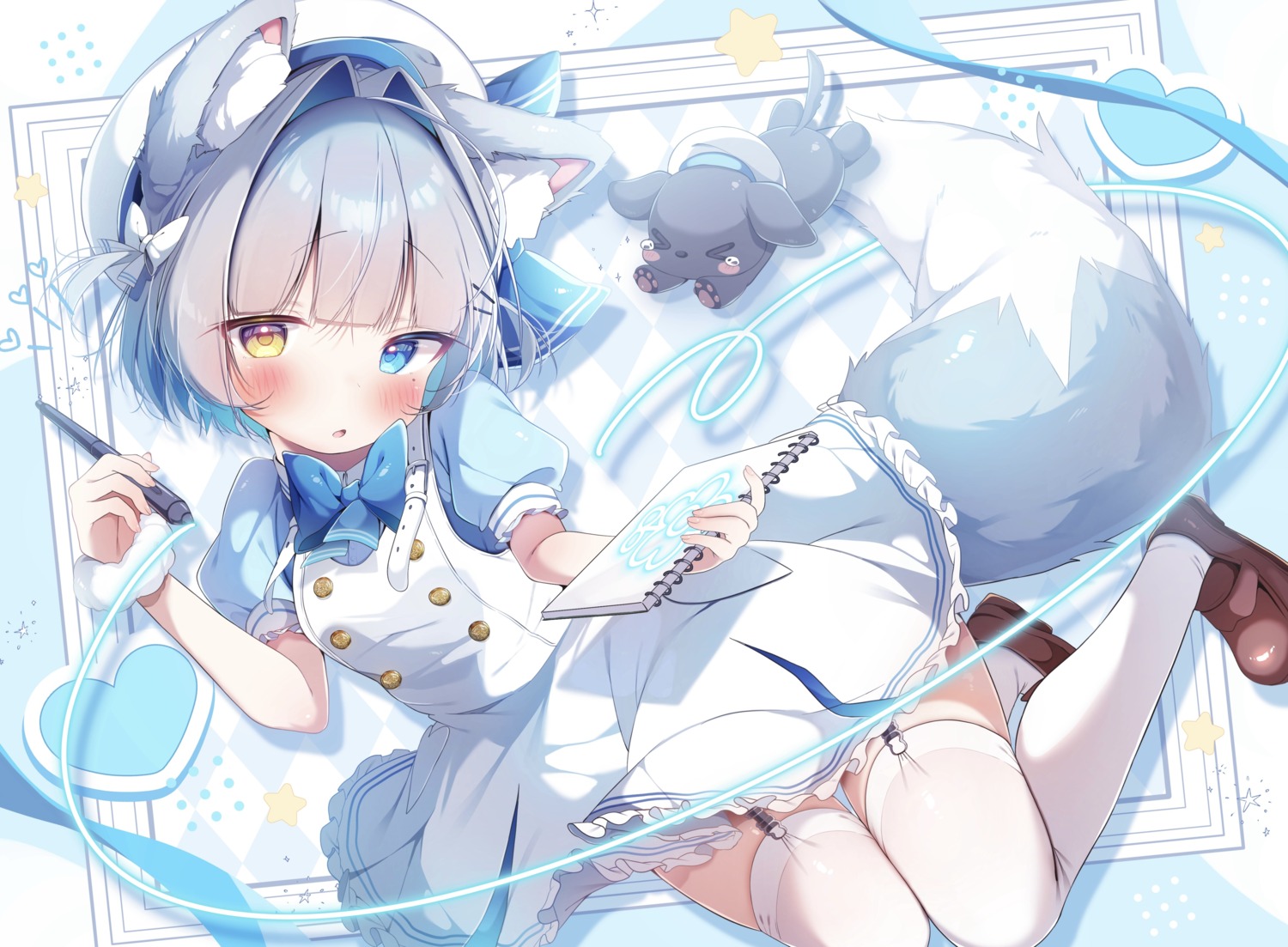 animal_ears, heterochromia, komugi, skirt_lift, stockings, tail, thighhighs, waitress