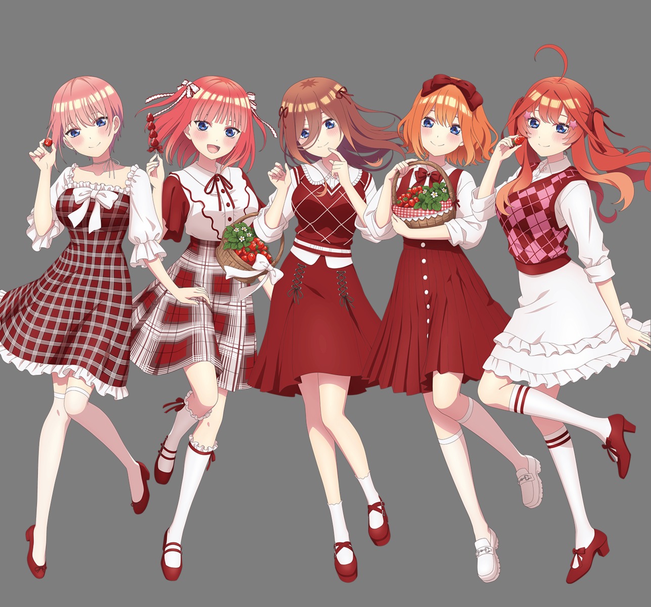 5-toubun_no_hanayome, dress, heels, nakano_ichika, nakano_itsuki, nakano_miku, nakano_nino, nakano_yotsuba, skirt_lift, sweater, tagme, thighhighs, transparent_png