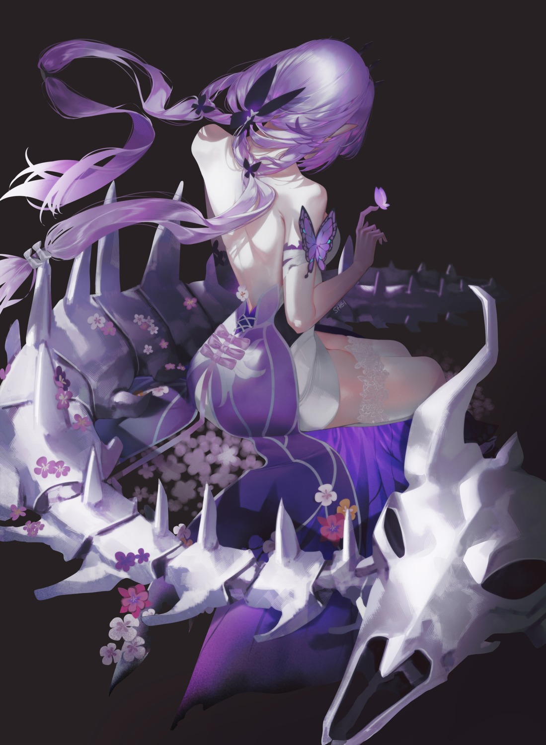 castorice, dress, honkai:_star_rail, no_bra, pointy_ears, shei99, thighhighs