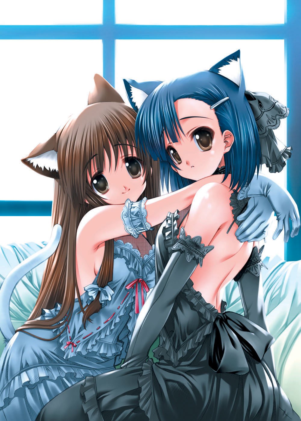 animal_ears, gothic_lolita, konoe_konoka, lolita_fashion, mahou_sensei_negima, nekomimi, sakurazaki_setsuna, senomoto_hisashi, symmetrical_docking, yuri