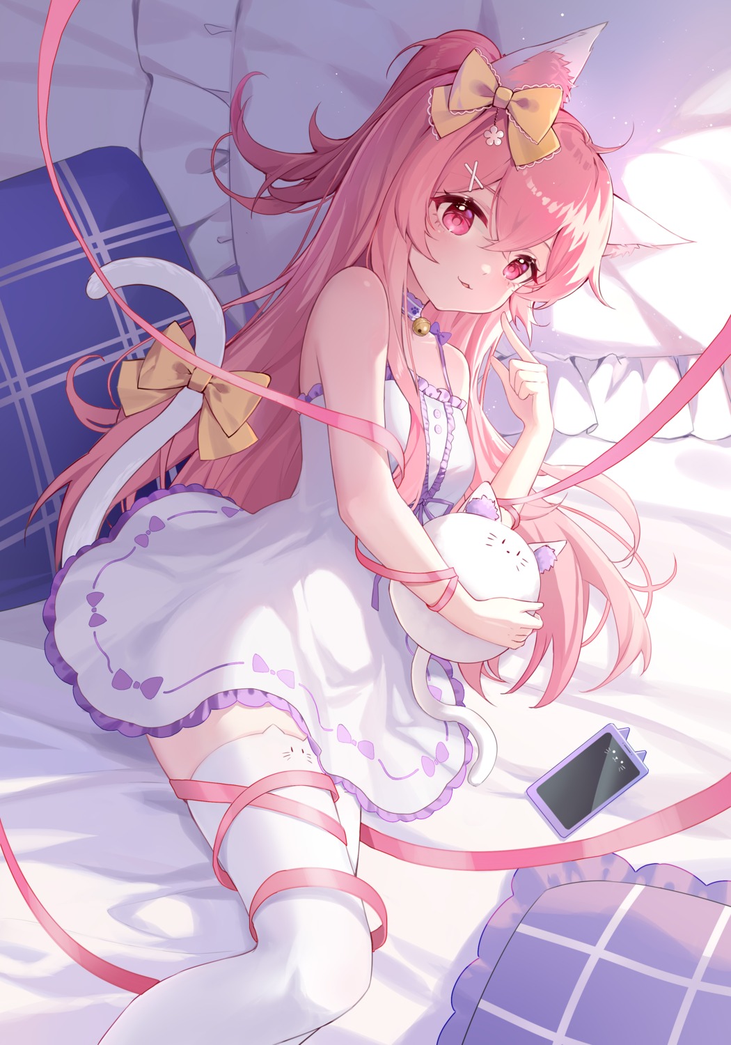 animal_ears, dress, morimori_(14292311), nekomimi, skirt_lift, tail, thighhighs