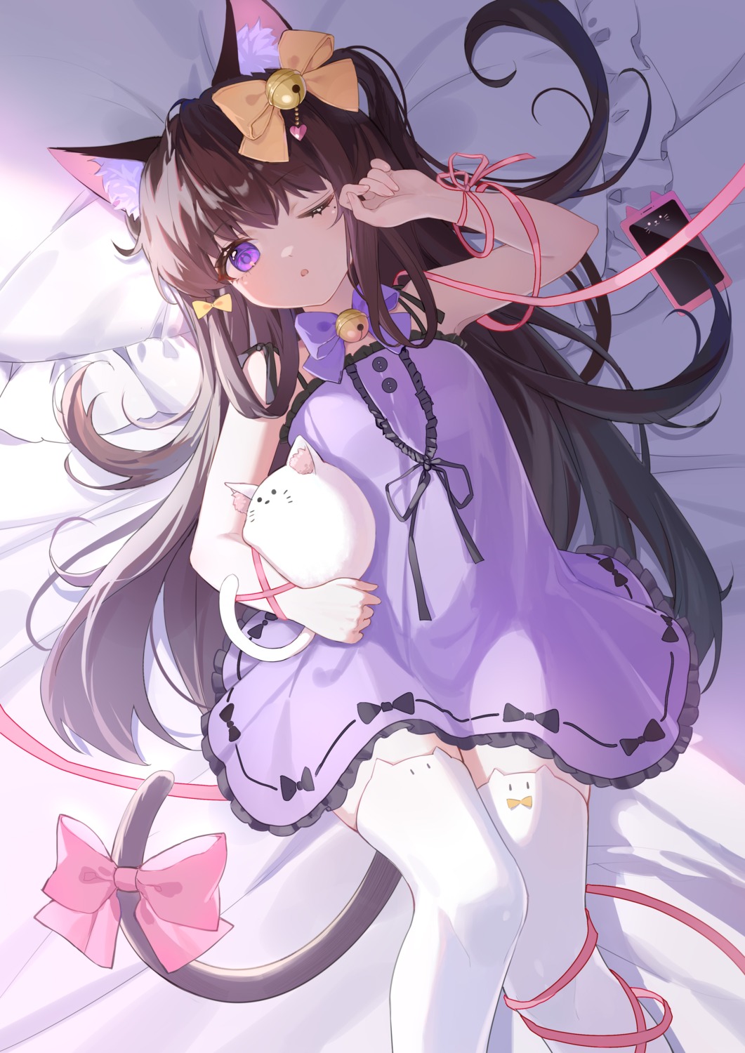 animal_ears, dress, morimori_(14292311), nekomimi, skirt_lift, tail, thighhighs