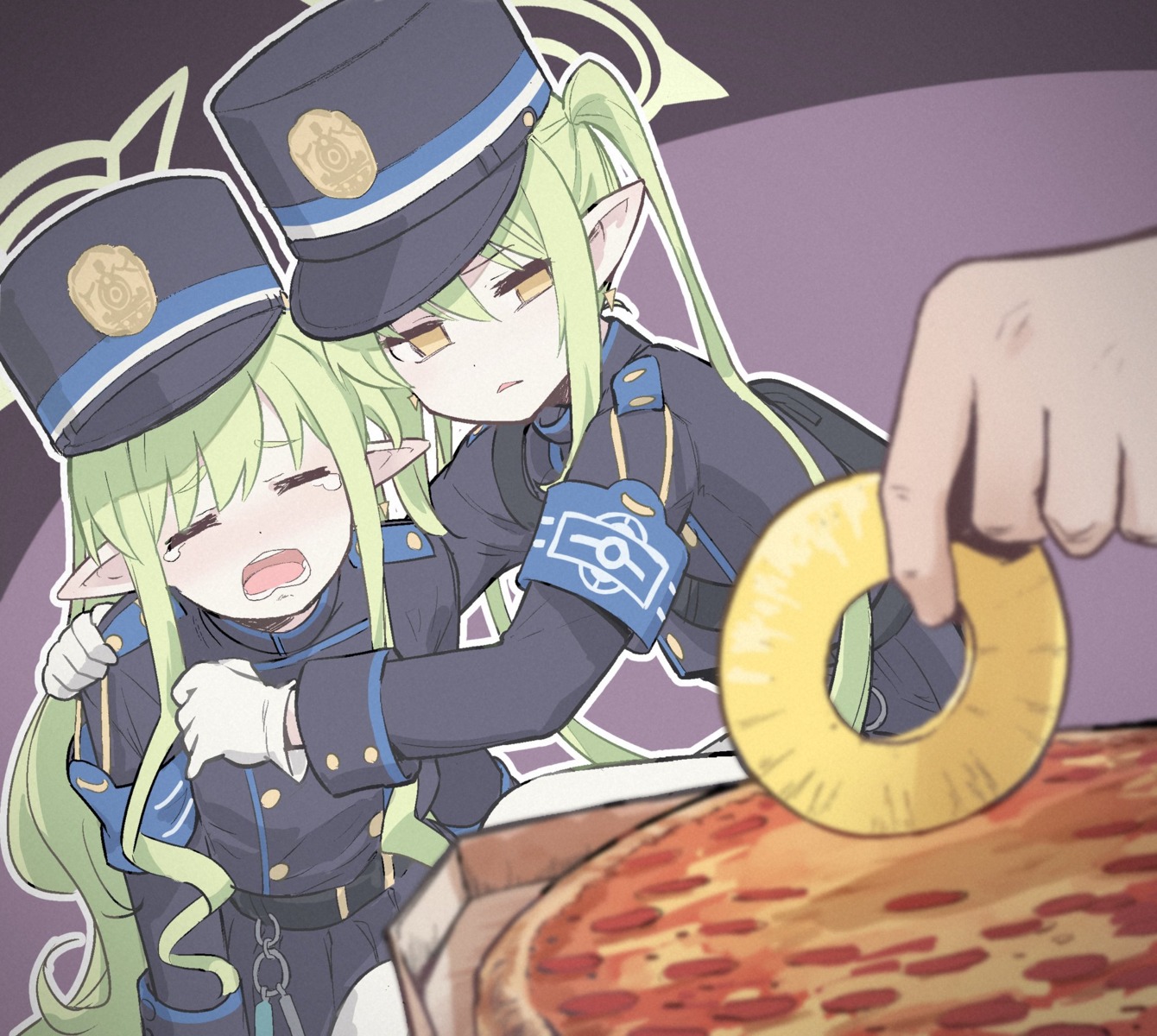 blue_archive, halo, parody, pointy_ears, tachibana_hikari, tachibana_nozomi, uniform, yopan_danshaku