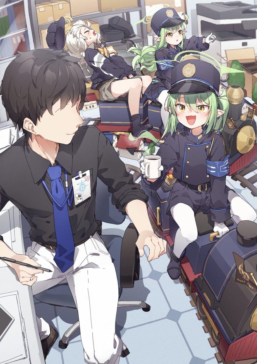 blue_archive, halo, kusaka_shi, pantyhose, pointy_ears, tachibana_hikari, tachibana_nozomi, tail