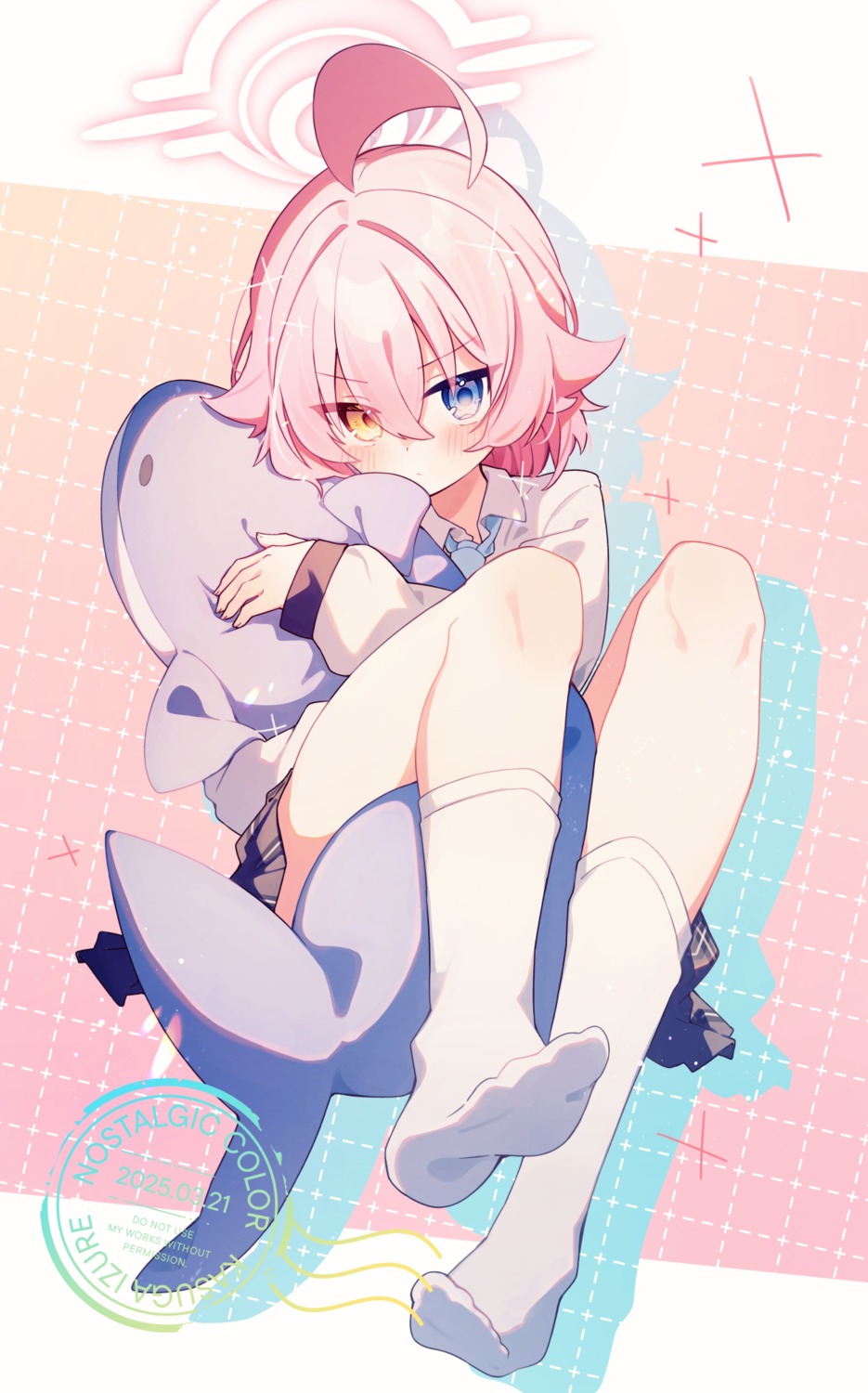 blue_archive, feet, halo, heterochromia, kasuga_izure, official_watermark, seifuku, skirt_lift