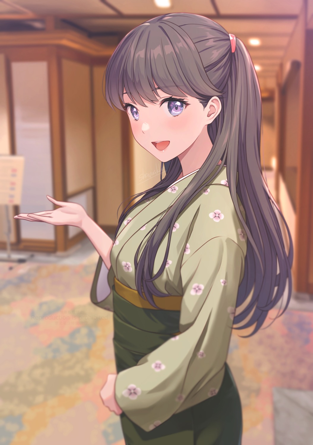 fujishima_megumi, japanese_clothes, love_live!_(series), love_live!_hasu_no_sora_jogakuin_school_idol_club, official_watermark, shamakho