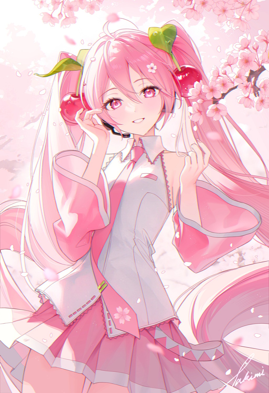 hatsune_miku, headphones, sakura_miku, skirt_lift, takimi, vocaloid