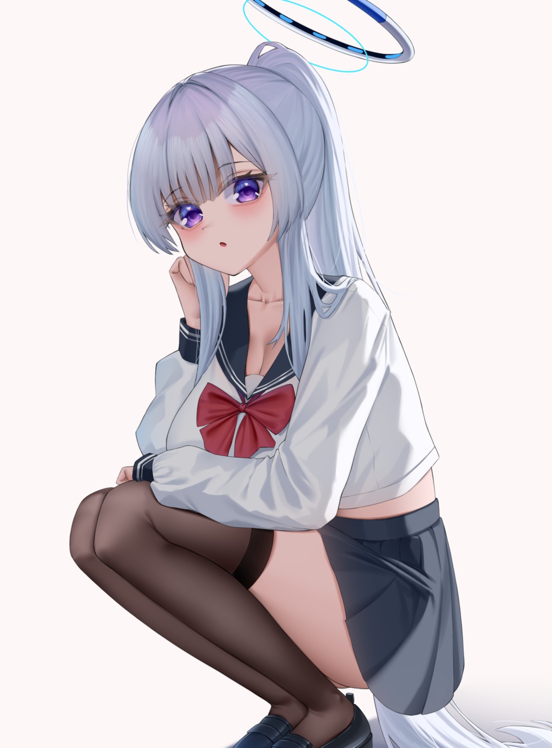 blue_archive, cleavage, halo, lanhua227, seifuku, skirt_lift, thighhighs, ushio_noa