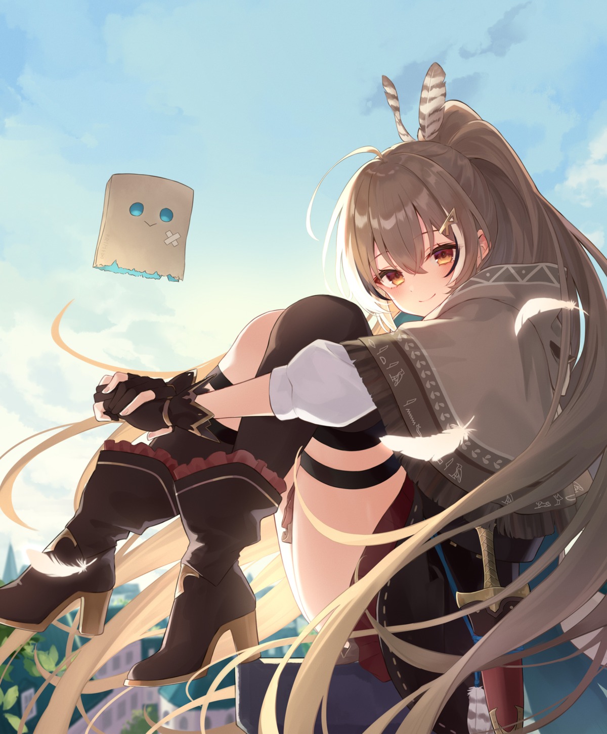 azuuru, garter, heels, hololive, hololive_english, nanashi_mumei, skirt_lift, thighhighs