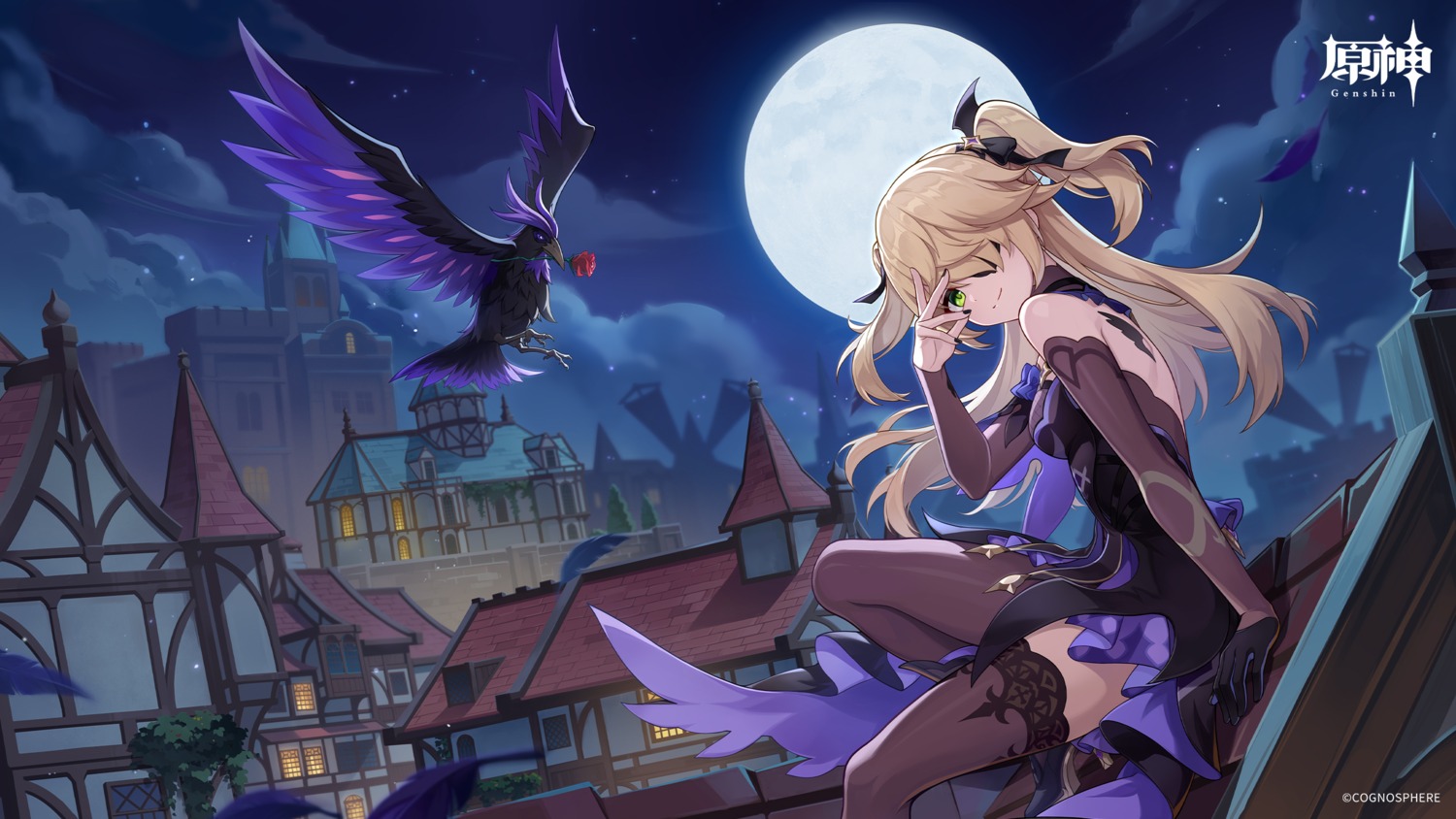 dress, eyepatch, fischl, genshin_impact, no_bra, skirt_lift, tagme, thighhighs