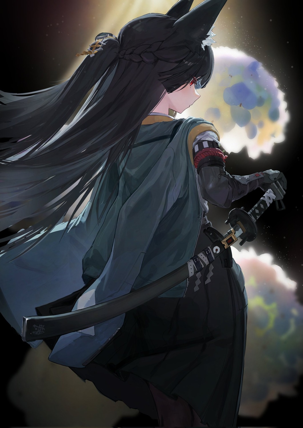 animal_ears, apopo, armor, hoshimi_miyabi, kitsune, pantyhose, skirt_lift, sword, uniform, zenless_zone_zero