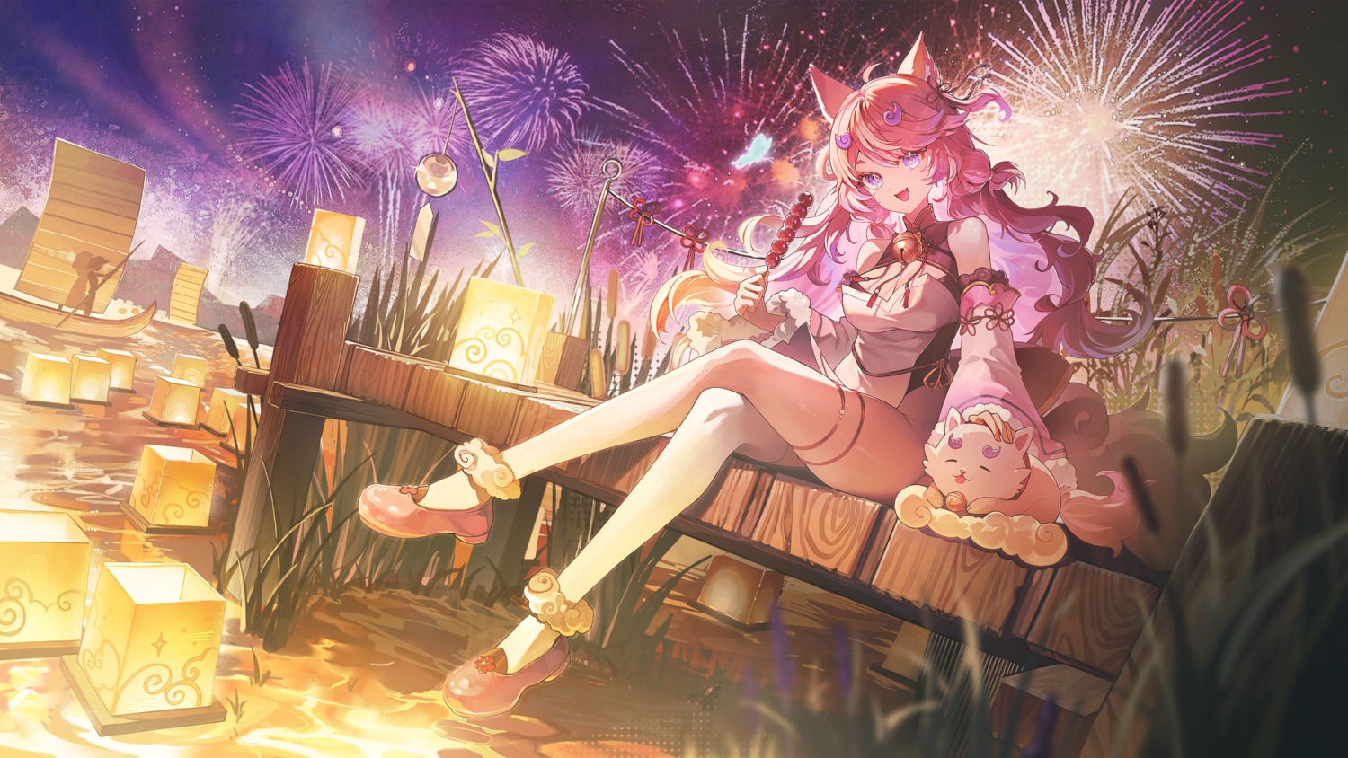 animal_ears, asian_clothes, garter, happyongdal, skirt_lift, tail, thighhighs, wallpaper