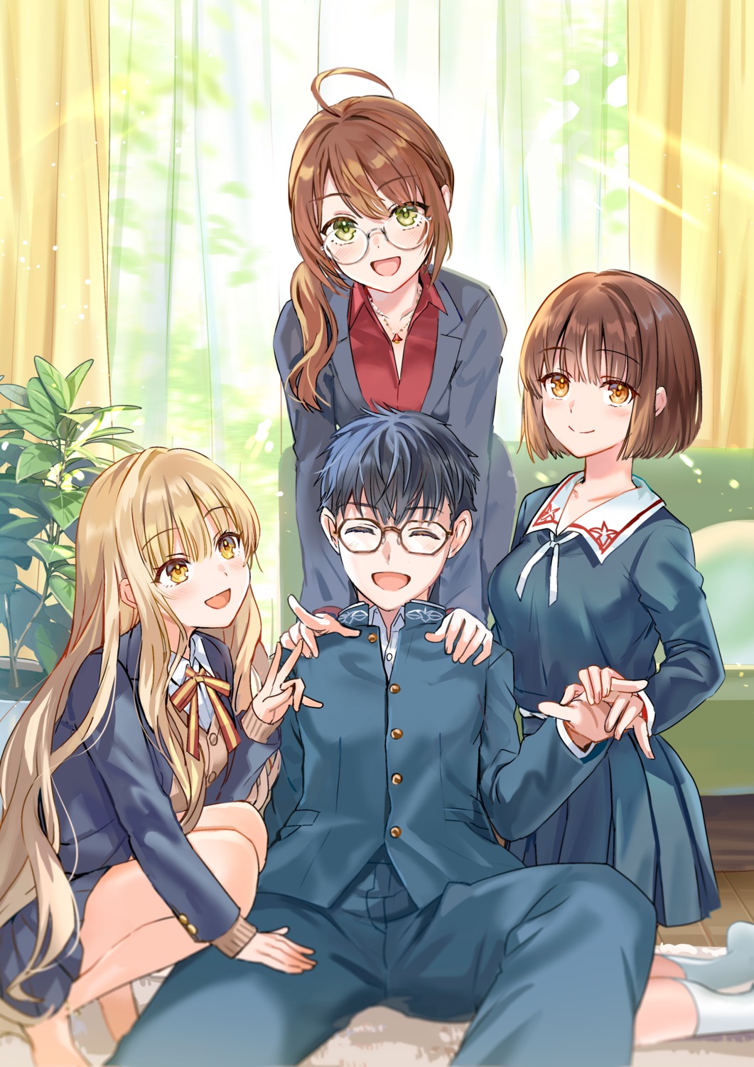 business_suit, class_no_yuutousei_wo_"imouto"_ni_suru_yakusoku_wo_shita._douyara_ippai_amaetai_rashii., kakogawa_ao, kakogawa_kizuna, kakogawa_yukari, megane, seifuku, skirt_lift