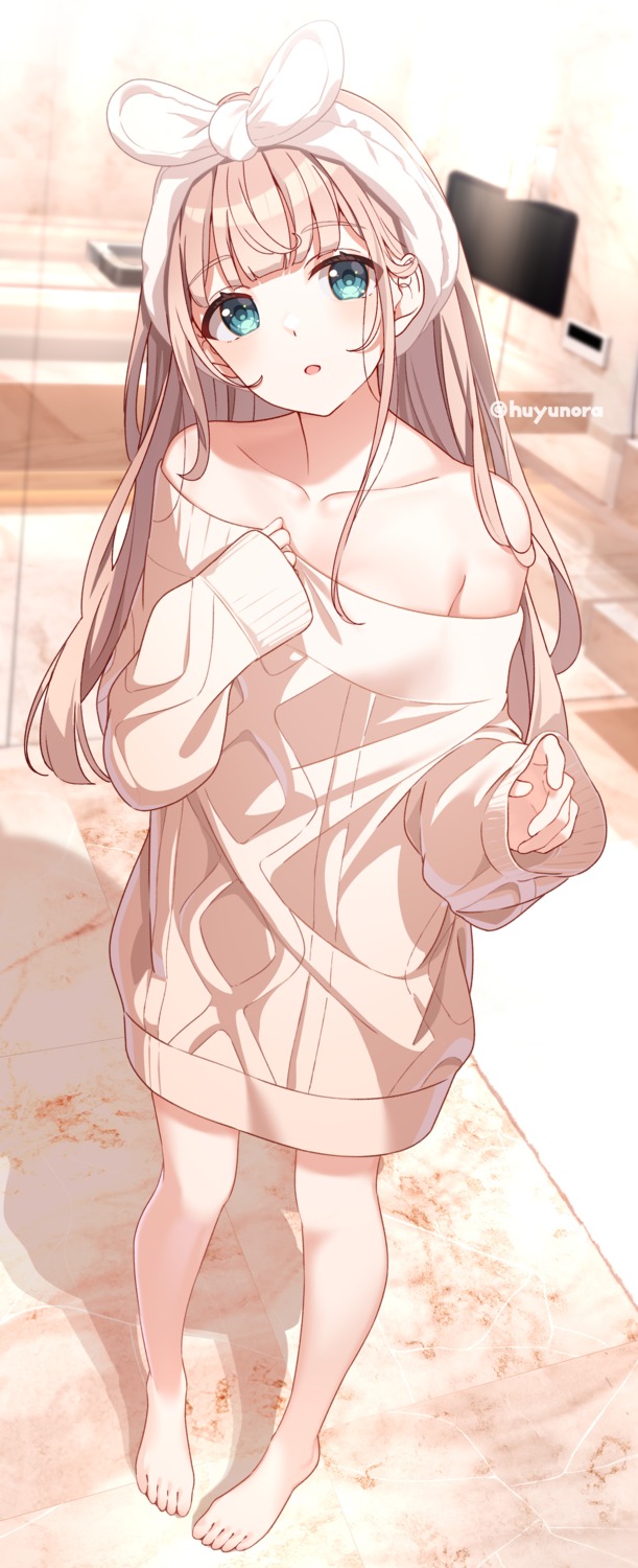 breast_hold, dress, huyunora, no_bra, sweater