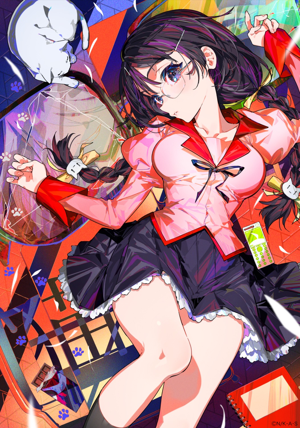 hanekawa_tsubasa, megane, mika_pikazo, monogatari_(series), neko, seifuku, skirt_lift