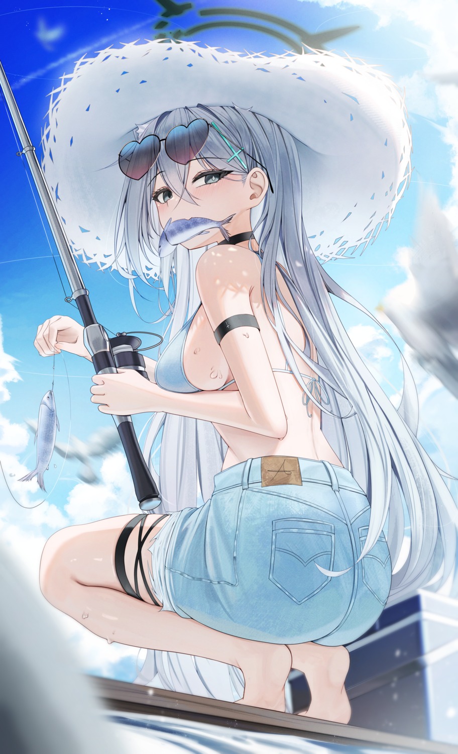 animal_ears, arch_a, ass, bikini_top, blue_archive, garter, halo, megane