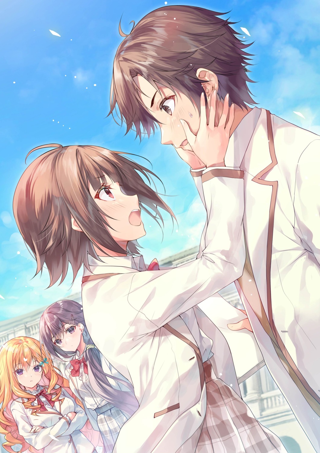 asahi_karen, breast_hold, miwabe_sakura, miyakojima_narika, saijo_no_osewa, seifuku, tennouji_mirei, tomonari_itsuki