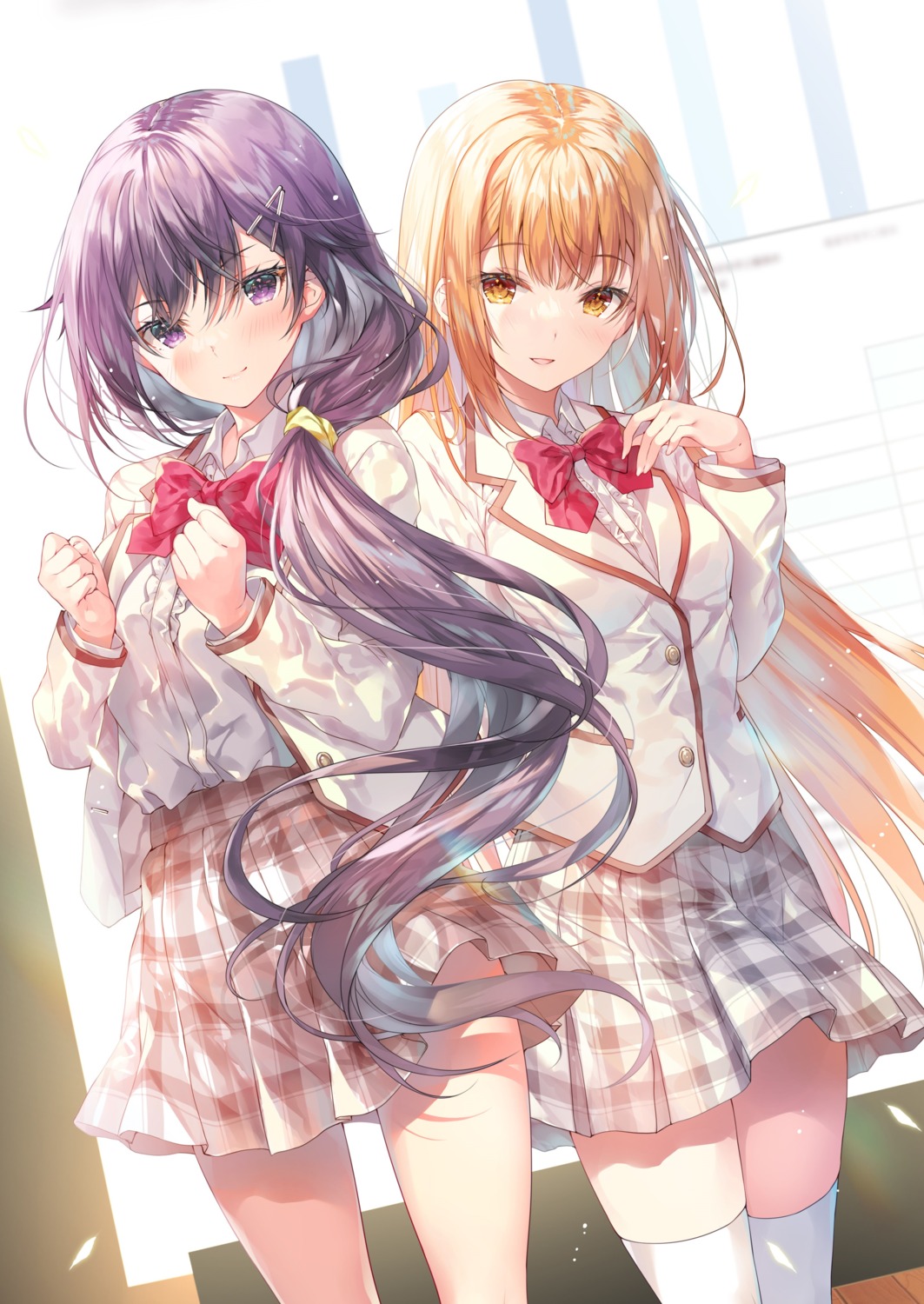 konohana_hinako, miwabe_sakura, miyakojima_narika, saijo_no_osewa, seifuku, skirt_lift, thighhighs