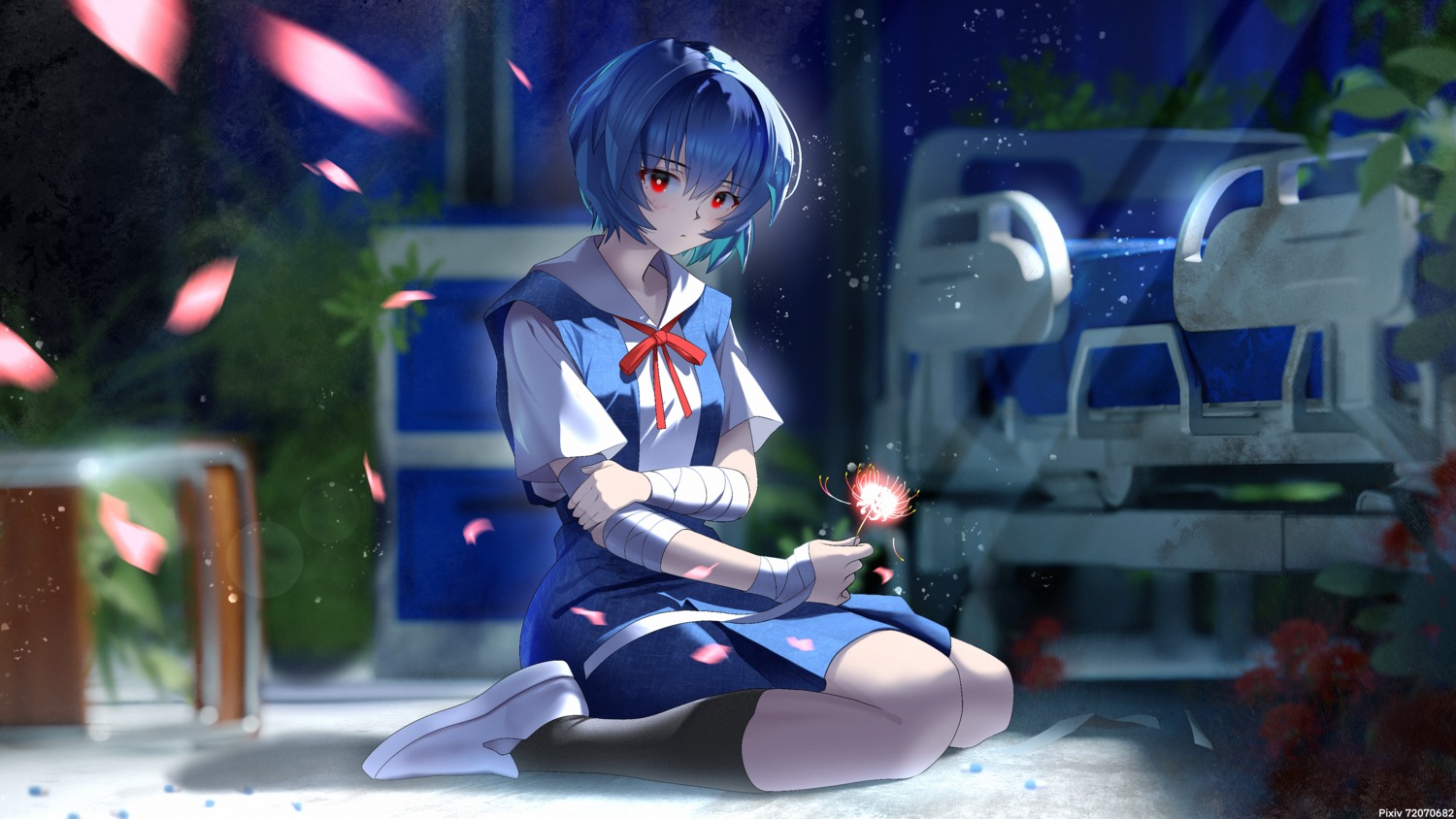 ayanami_rei, bandages, neon_genesis_evangelion, seifuku, text_(artist), wallpaper