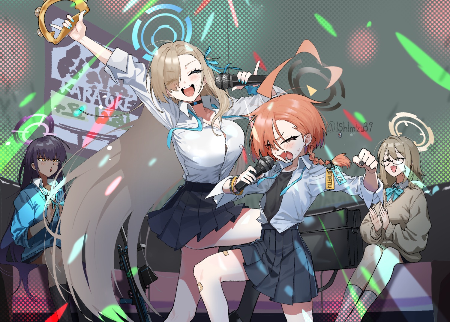 bandaid, blue_archive, cleavage, gun, halo, ichinose_asuna, jjigong_chigon, kakudate_karin