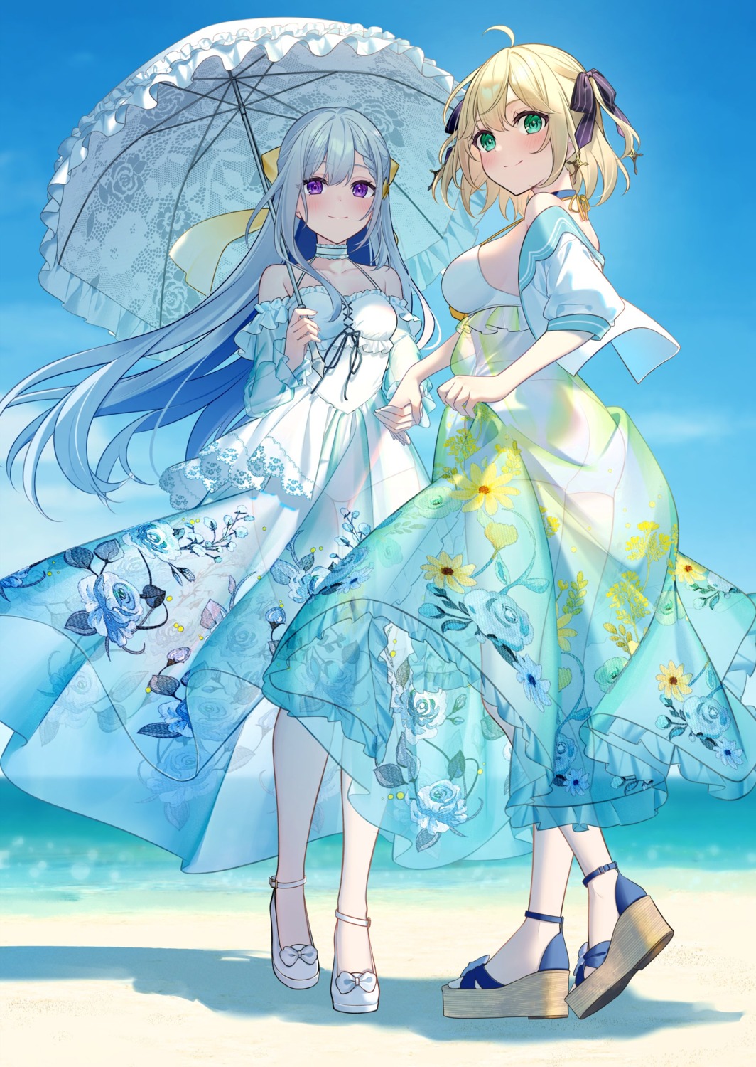 anisphia_wynn_palletia, euphyllia_magenta, heels, kisaragi_yuri, see_through, skirt_lift, swimsuits, tensei_oujo_to_tensai_reijou_no_mahou_kakumei