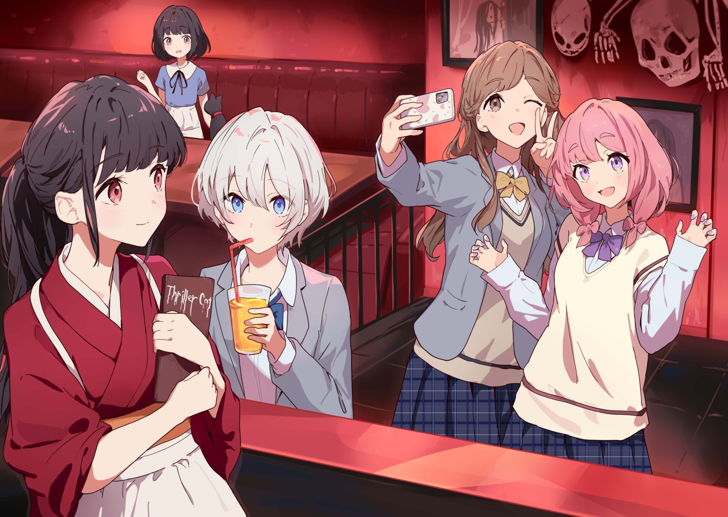 hanasaki_yuika, japanese_clothes, kodamazon, momoyashiki_anzu, natsume_uta, neko, seifuku, selfie