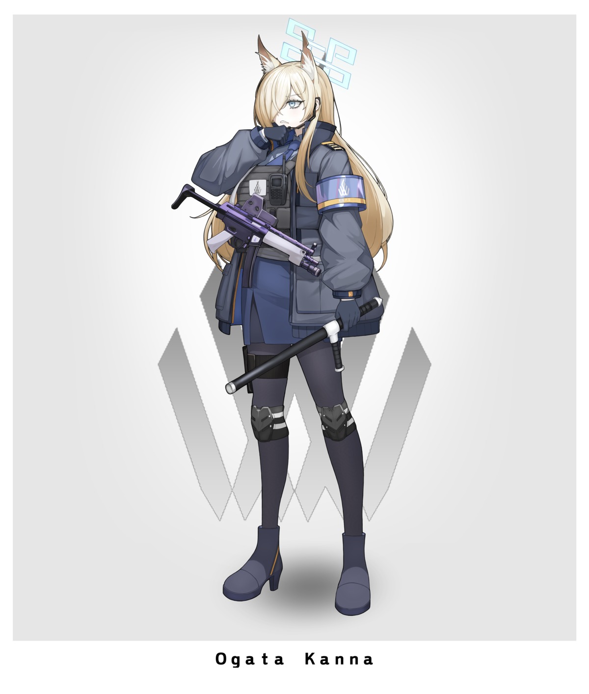 animal_ears, blue_archive, funky_dea1er, garter, gun, halo, heels, inumimi, ogata_kanna_(blue_archive), pantyhose, police_uniform, weapon