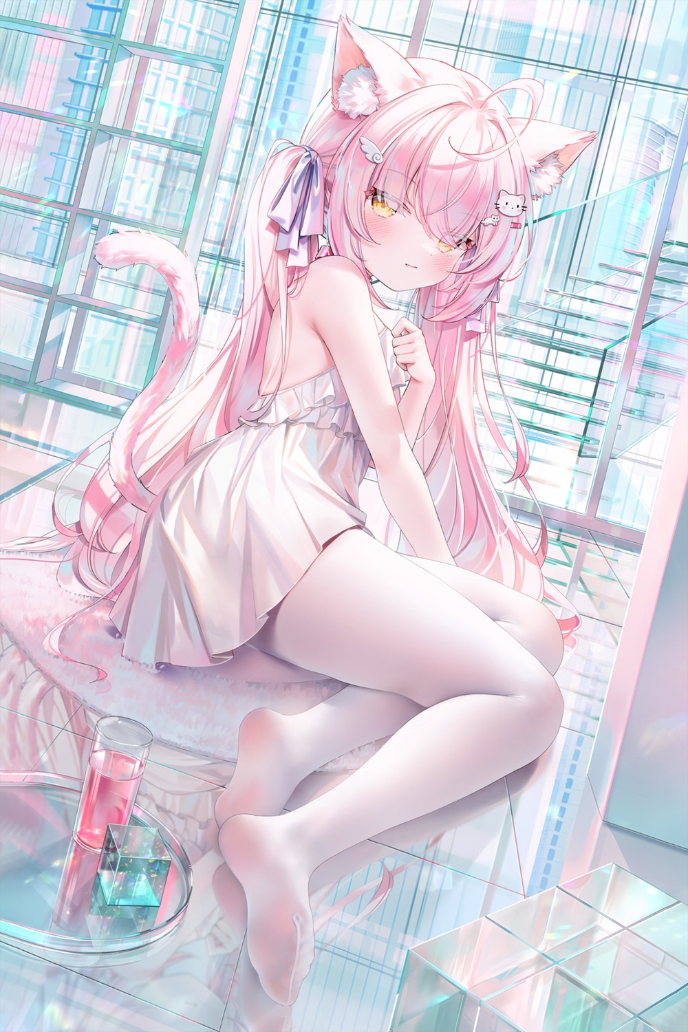 animal_ears, chen_bin, detexted, dress, nekomimi, no_bra, pantyhose, tail