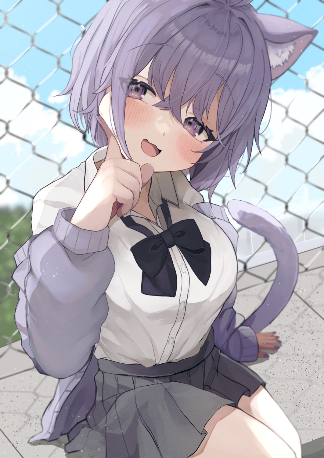 animal_ears, hololive, hololive_gamers, mutsumi326, nekomata_okayu, nekomimi, seifuku, sweater