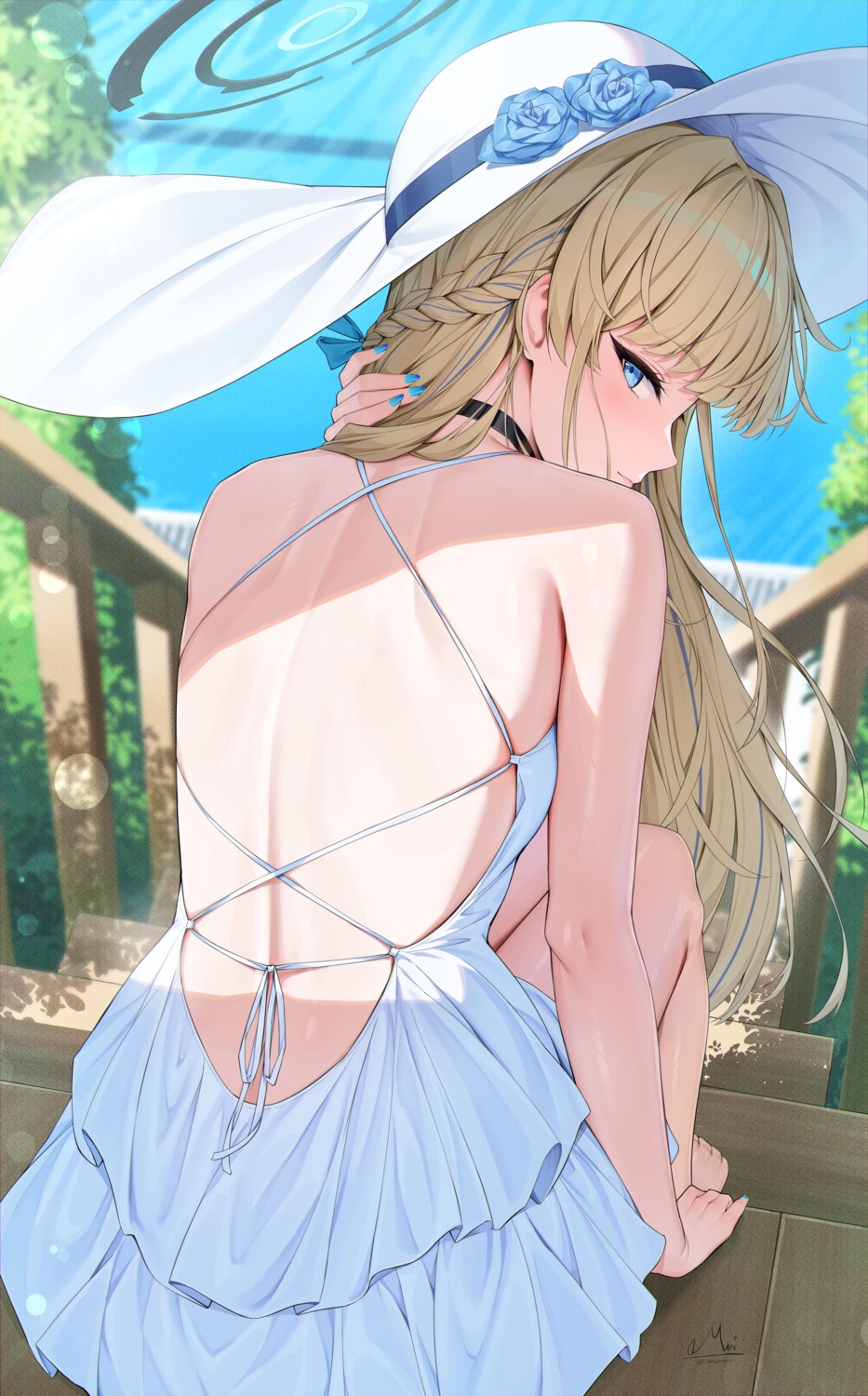 asuma_toki, blue_archive, dress, halo, no_bra, rosumerii, summer_dress