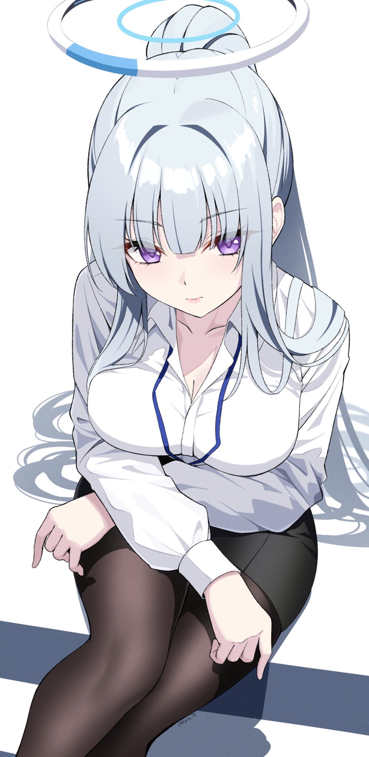 blue_archive, cleavage, dress_shirt, halo, open_shirt, pantyhose, reia_76, ushio_noa