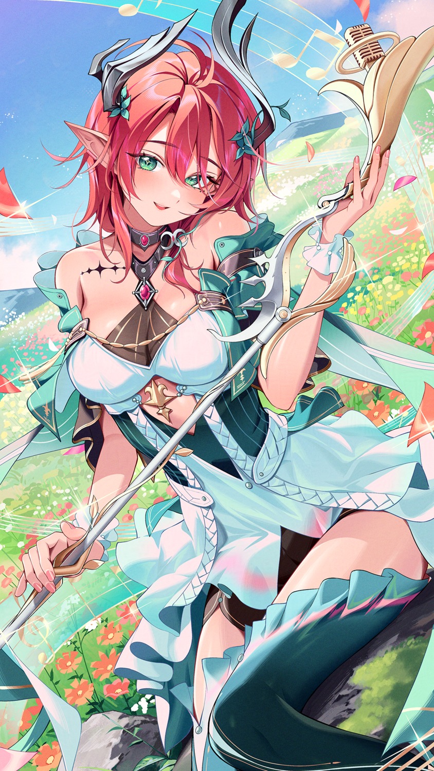 ciaccona, dress, horns, kainown, no_bra, pointy_ears, see_through, tattoo, thighhighs, wuthering_waves