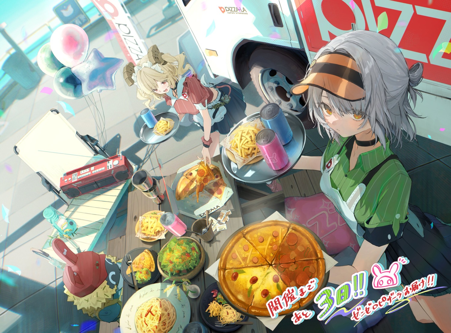 anby_demara, burnice_white, harui_(hr_x9_), maid, pizza-la, waitress, zenless_zone_zero