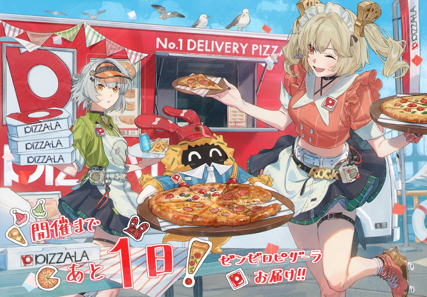 aki_a0623, anby_demara, burnice_white, garter, maid, pizza-la, waitress, zenless_zone_zero