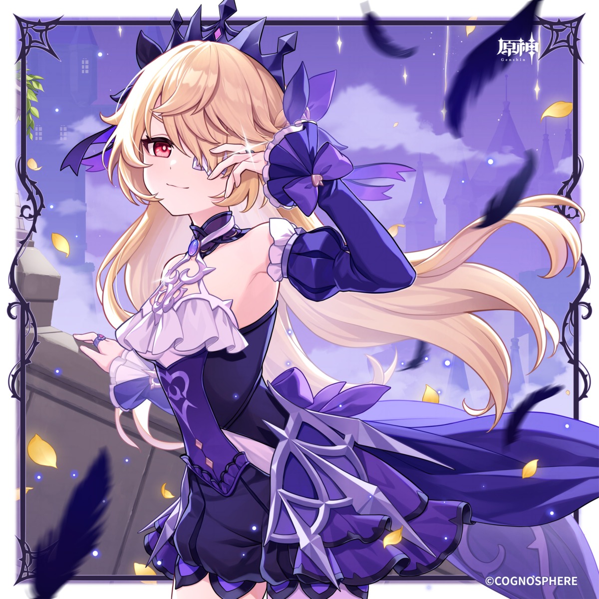 dress, eyepatch, fischl, genshin_impact, no_bra, yamabukiiro