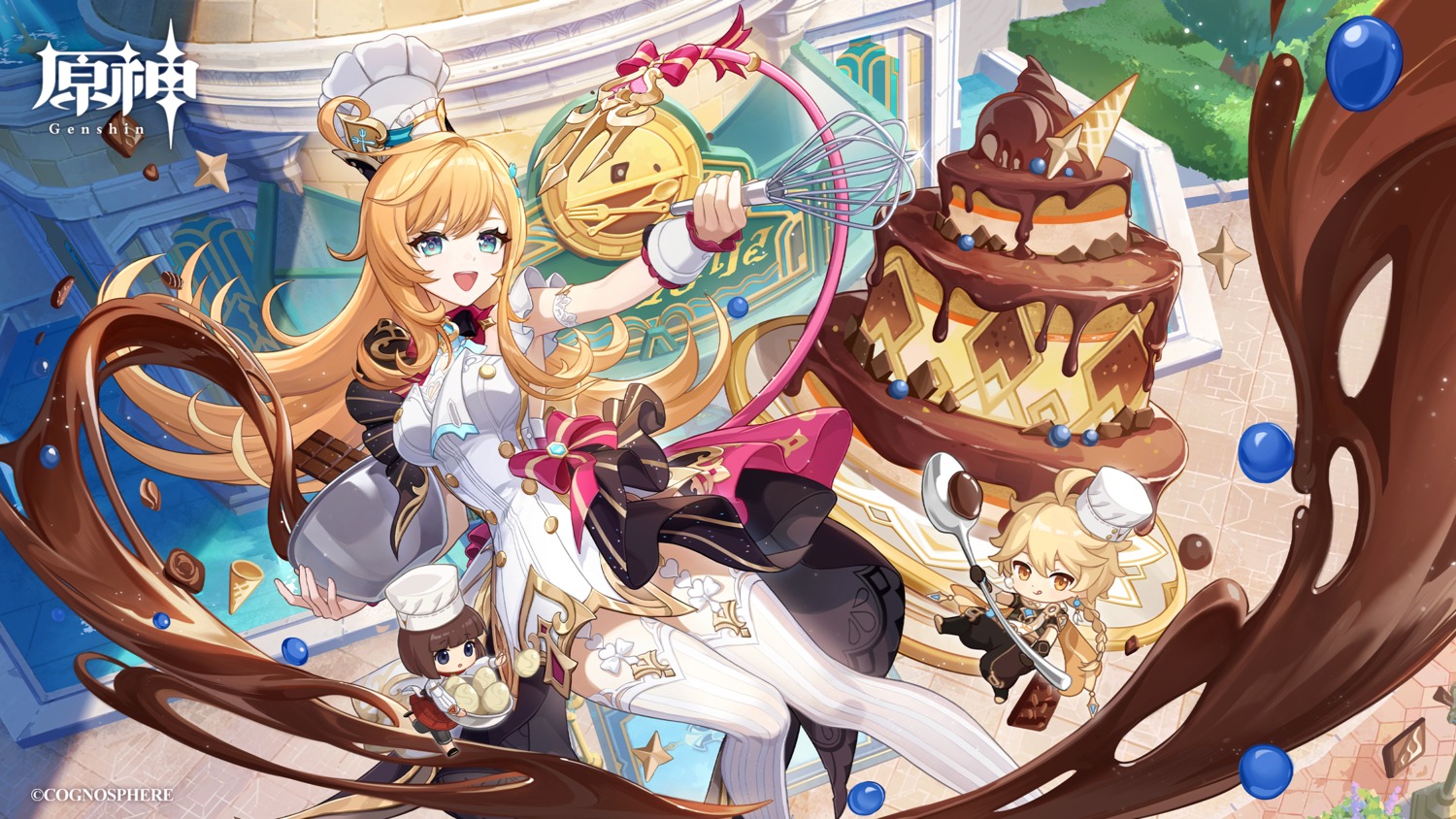aether, chibi, dress, escoffier, genshin_impact, stockings, tagme, tail