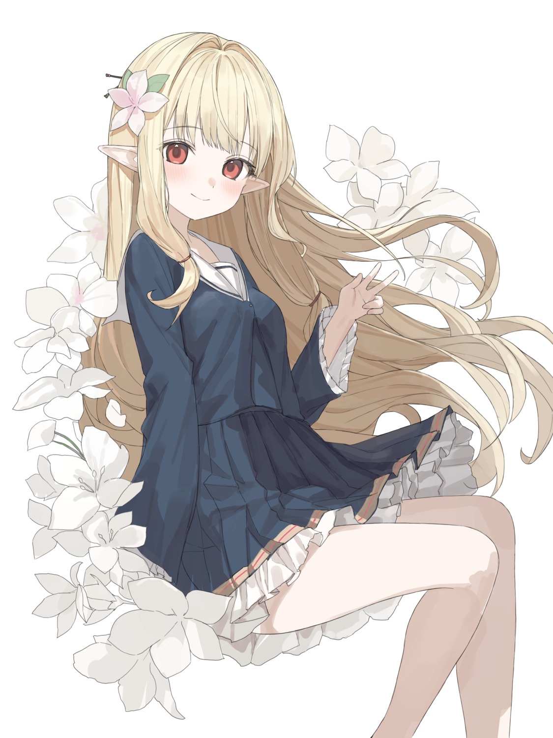 karyln, pointy_ears, seifuku, skirt_lift