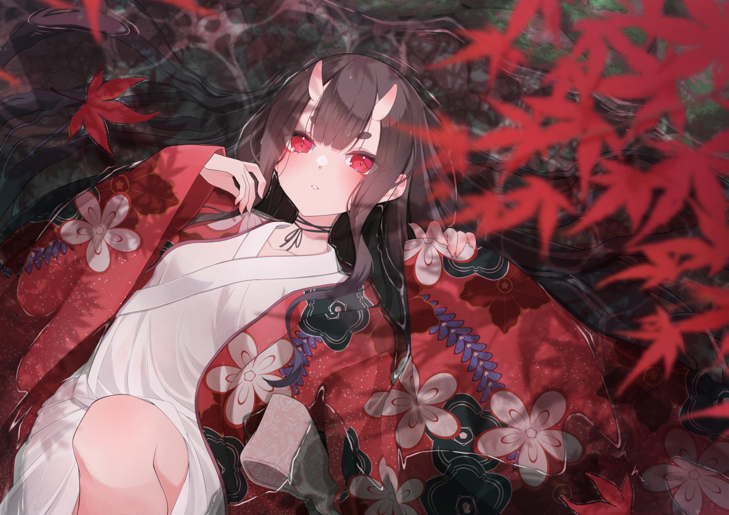 eto_(eto96-1114), horns, japanese_clothes, see_through, skirt_lift, wet, wet_clothes