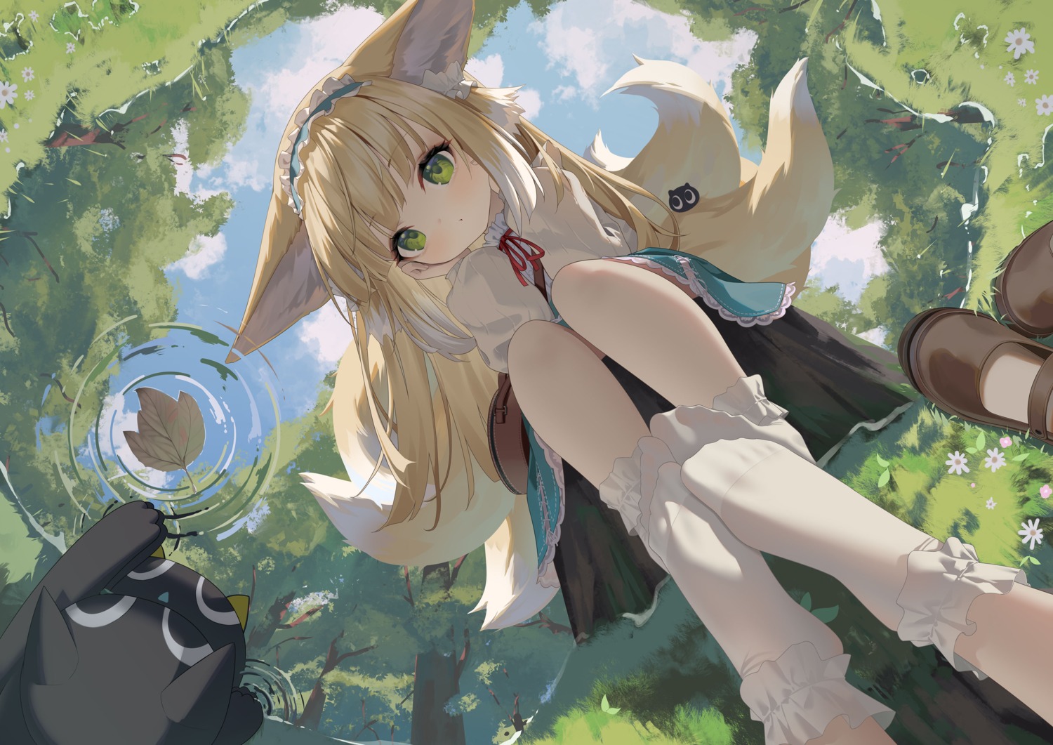 animal_ears, arknights, bingchuan_xian_yu_huang, feet, kitsune, skirt_lift, suzuran_(arknights), tail