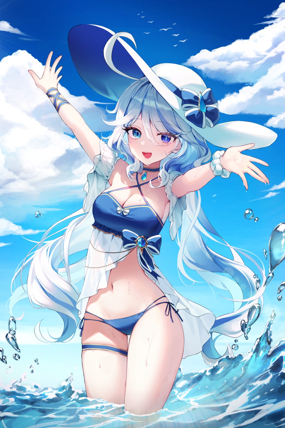 bikini, furina, garter, genshin_impact, heterochromia, soymilk_arts2, swimsuits, wet